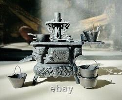 Vintage Collector's Item Crescent Miniature Black Cast Iron Stove Toy Full Set
