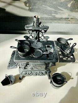 Vintage Collector's Item Crescent Miniature Black Cast Iron Stove Toy Full Set
