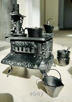 Vintage Collector's Item Crescent Miniature Black Cast Iron Stove Toy Full Set