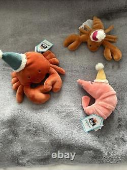 Jellycat BNWT Célébration Crustacé Crabe Crevette et Homard Ensemble Complet